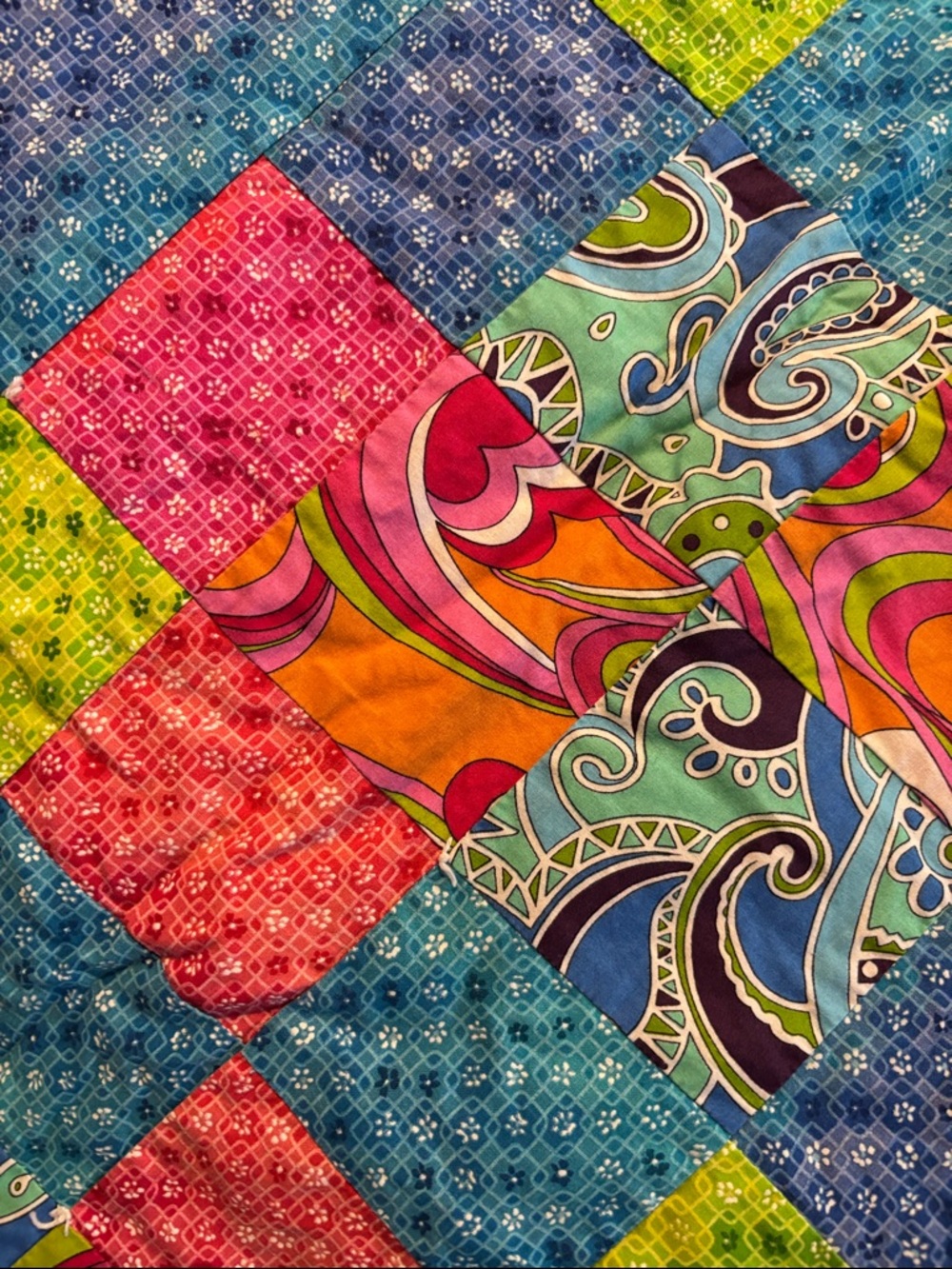 Handmade Bright Patchwork Quilt - Multicolor Blue, Pink, Green - Picture 2 of 4